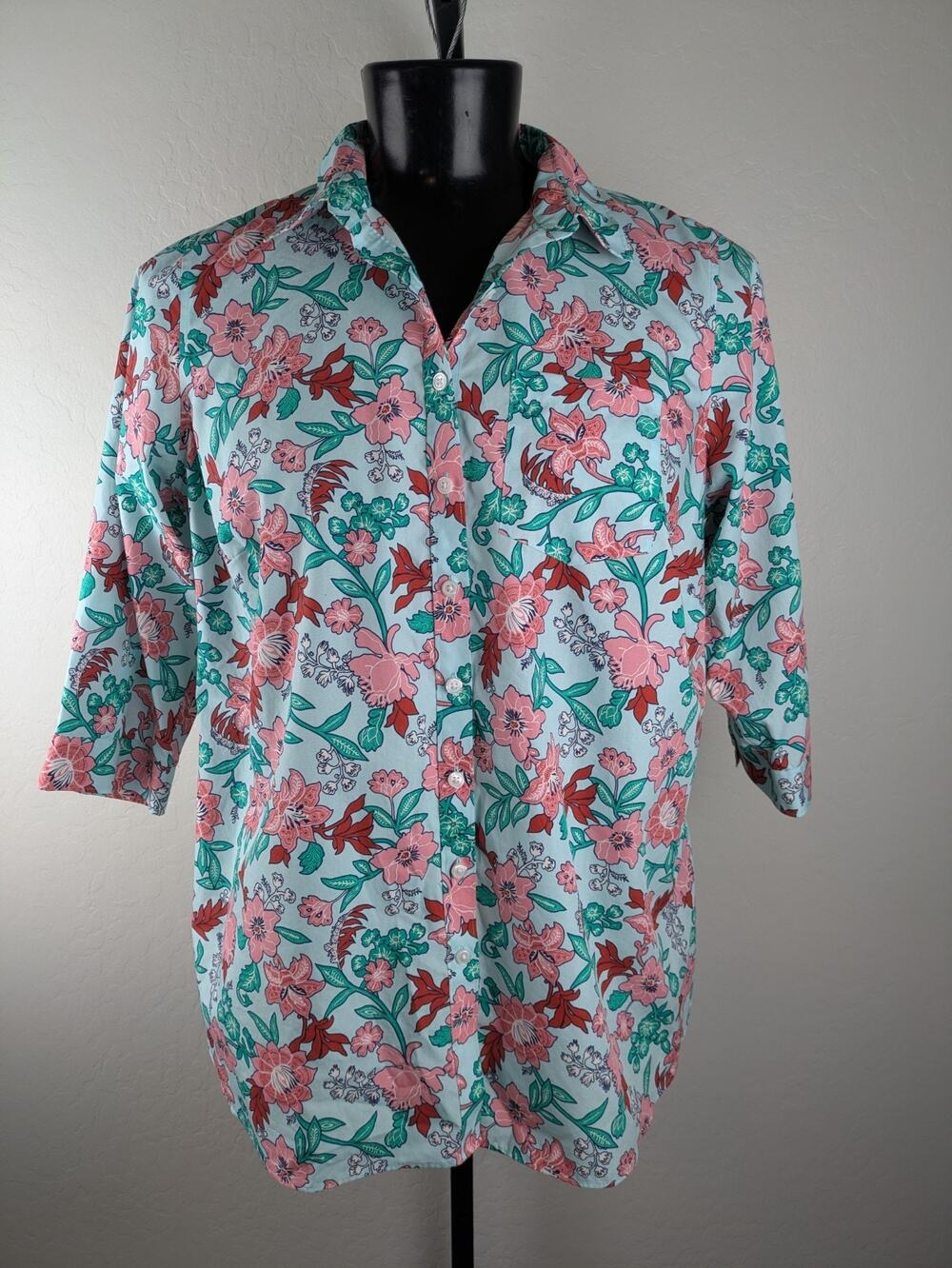 Lands' End No Iron 100% Supima Cotton Floral Button Front Shirt 3/4 Sleeve